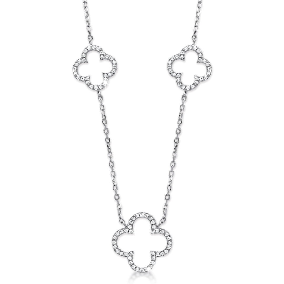 Sterling silver necklace with two small and one large four leaf clovers.