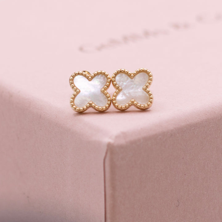 Lucky Four Leaf Clover Stud Earrings with Mother of Pearl in 9ct Gold
