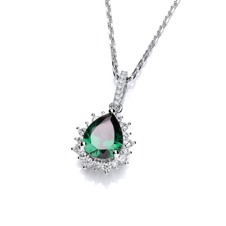 Green Tear Drop Crystal Pendant Necklace with 18" Chain In Silver