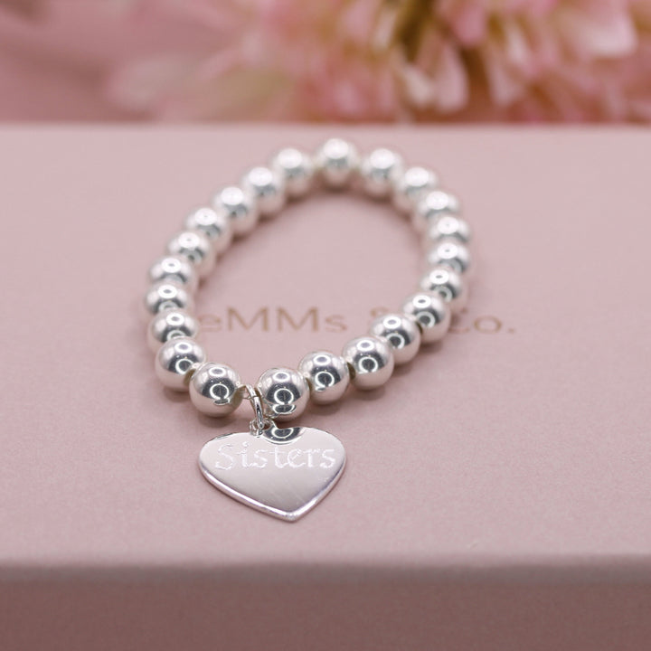 Handmade Beaded Stretchy Bracelet with Engravable Heart Token In Silver