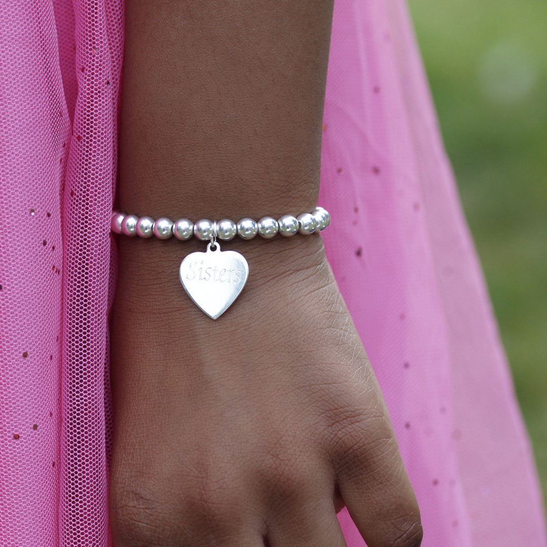 Handmade Beaded Stretchy Bracelet with Engravable Heart Token In Silver