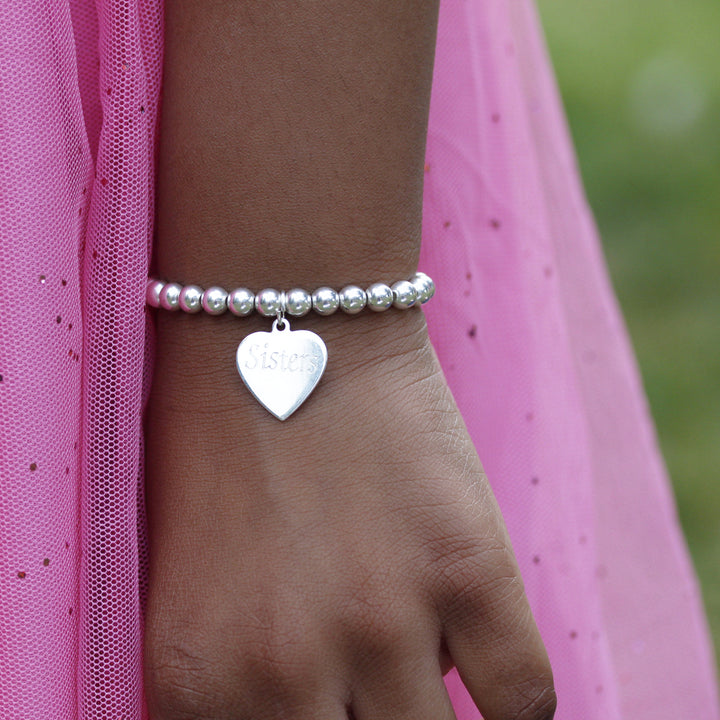 Handmade Beaded Stretchy Bracelet with Engravable Heart Token In Silver