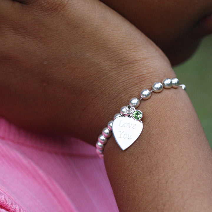 Handmade Beaded Stretchy Bracelet with Engravable Heart Token With Birthstone In Silver
