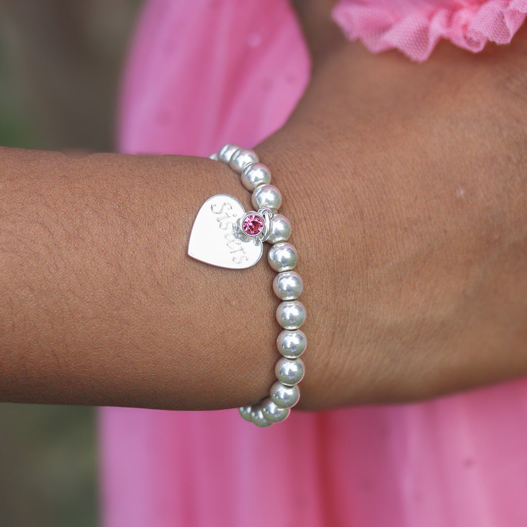 Handmade Beaded Stretchy Bracelet with Engravable Heart Token With Birthstone In Silver