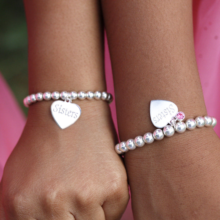 Handmade Beaded Stretchy Bracelet with Engravable Heart Token In Silver