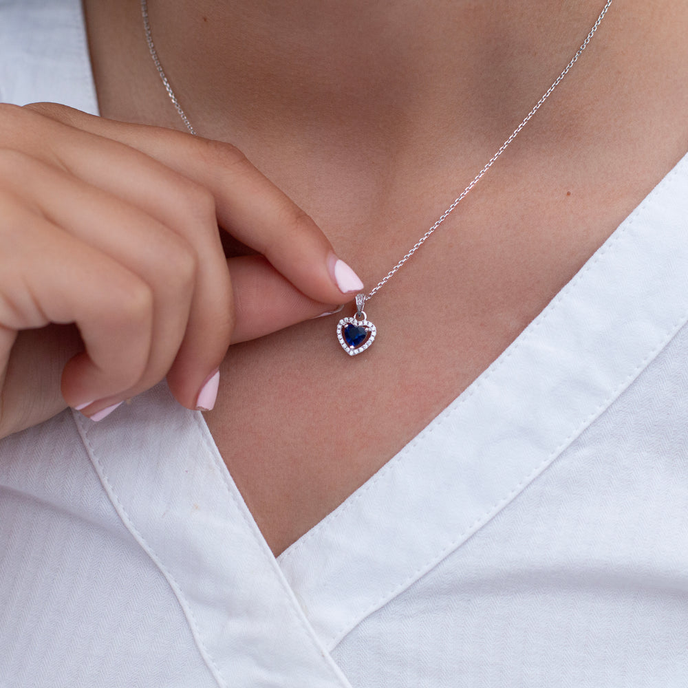 sapphire heart shape silver  pendent  with chain