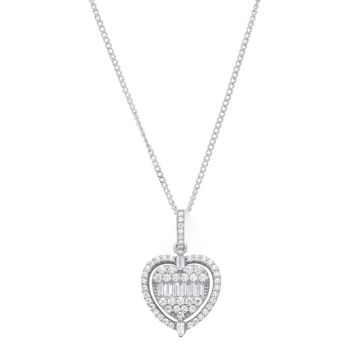 Heart Halo Style Crystal Pendant Necklace in Silver