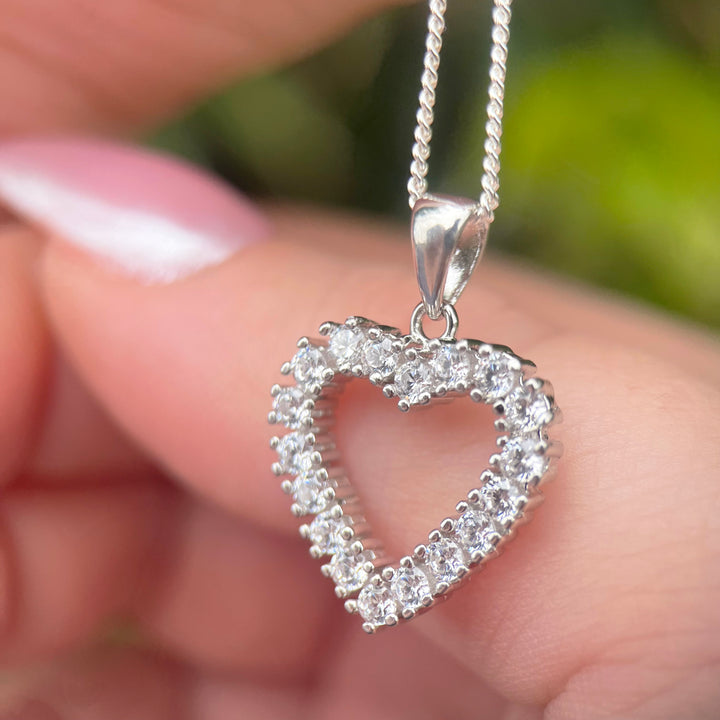 Double Heart Twist Crystal Pendant Necklace in Silver