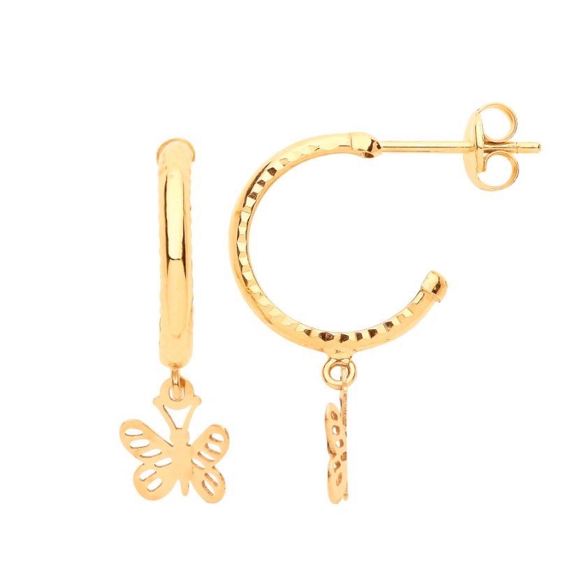 Hoop Studs with Butterfly Drop In 9ct Gold