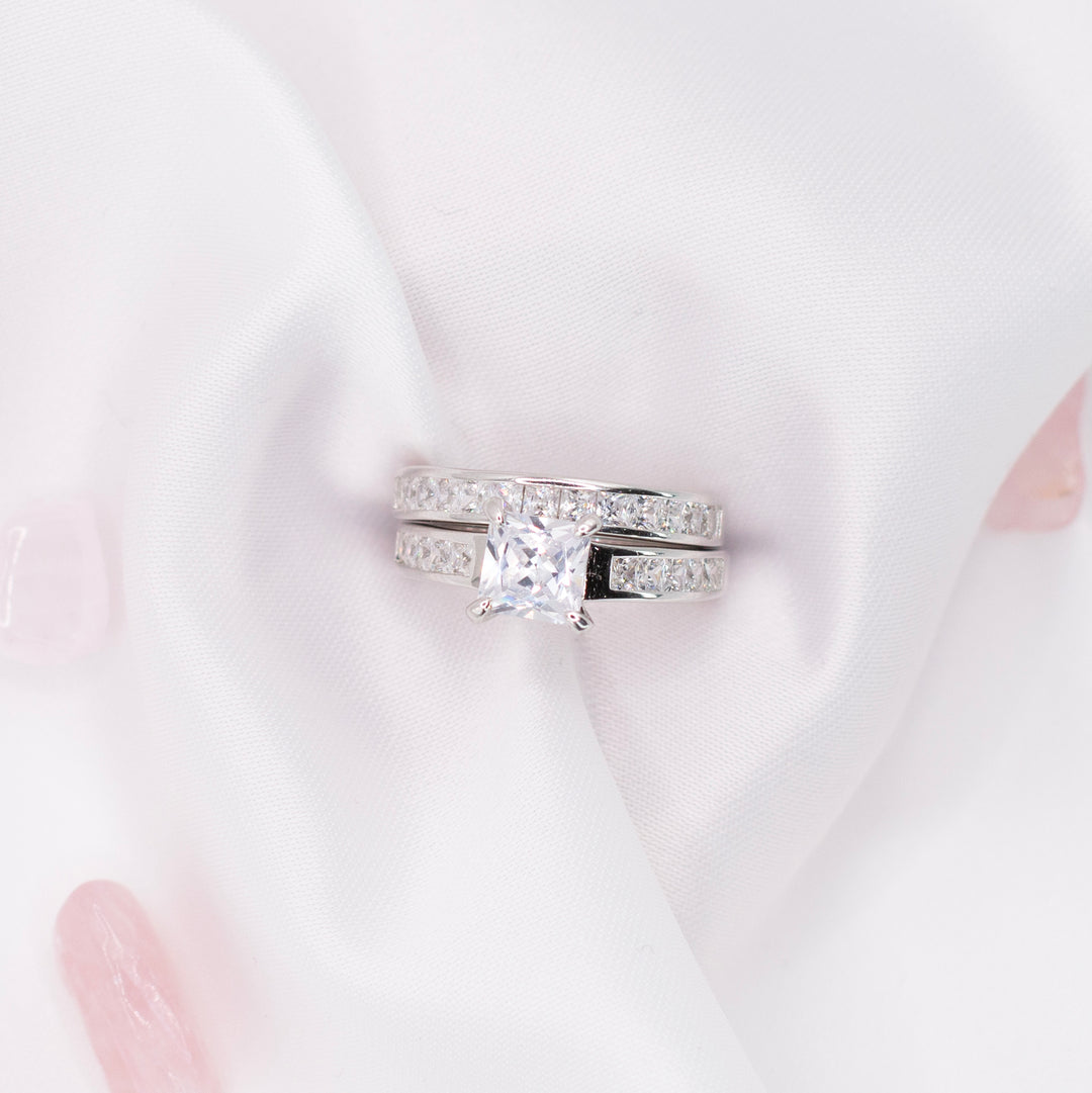 Princess Cut Crystal Bridal Engagement Ring Set in Silver
