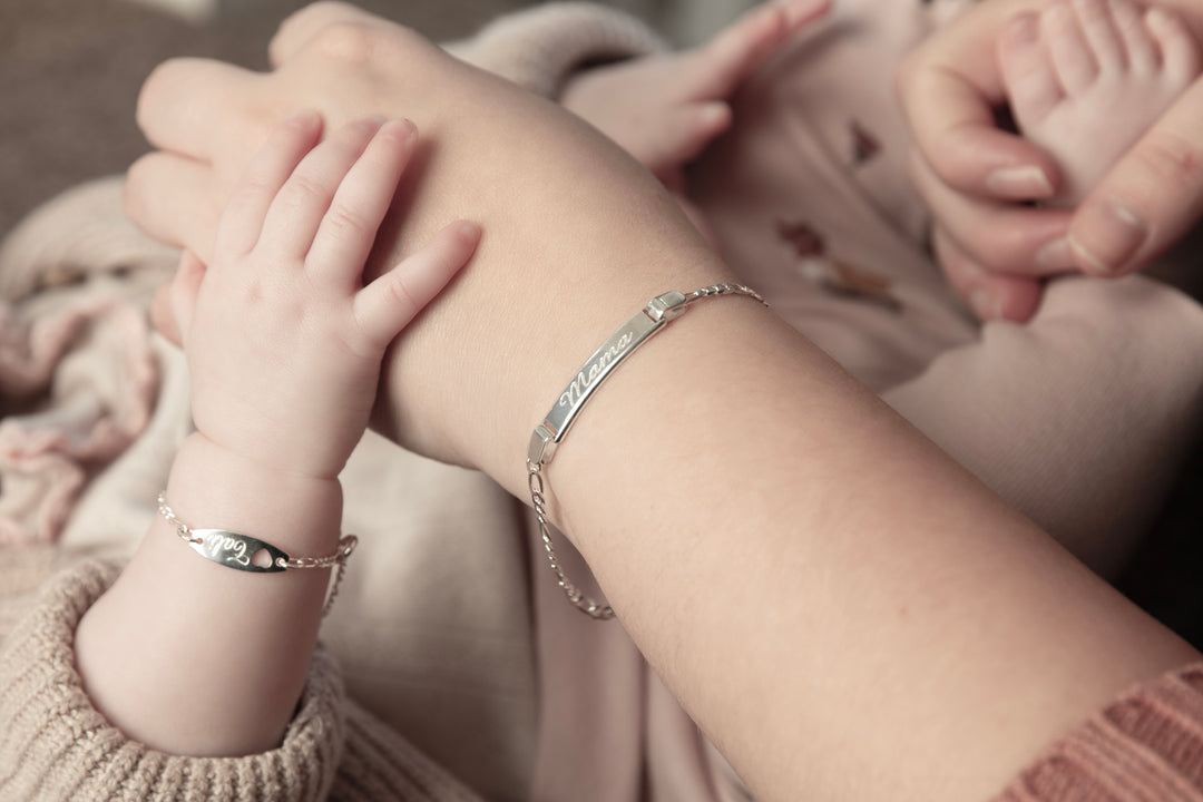 Mummy And Baby ID Personalised Free Engraving Bracelet In Silver
