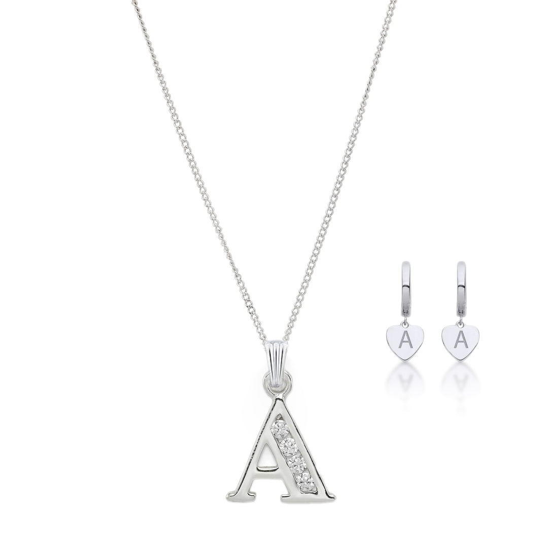 Initial Necklace and Huggies Gift Set In Silver