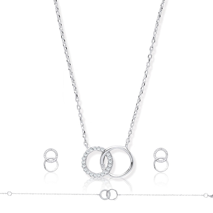 Interlocking Circles Earrings , Bracelet And Necklace Gift Set in Silver