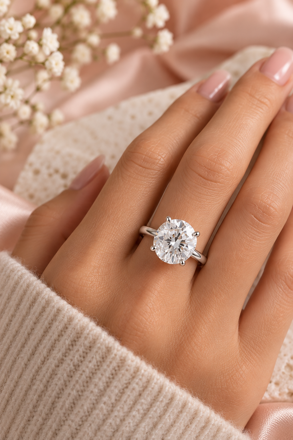 18ct White Gold 4.00ct Round Brilliant Lab Grown Diamond Solitaire Ring - model hand image