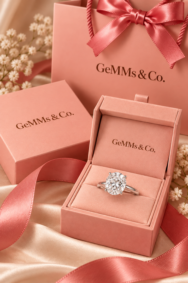 18ct White Gold 4.00ct Round Brilliant Lab Grown Diamond Solitaire Ring - GeMMs & Co coral blush packaging