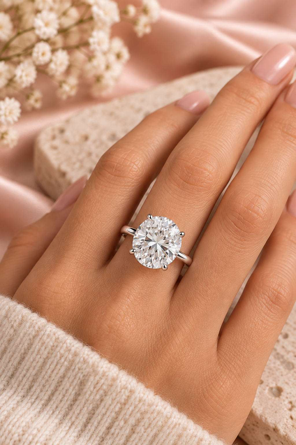 18ct White Gold 5.00ct Round Brilliant Lab Grown Diamond Solitaire Ring - model hand image