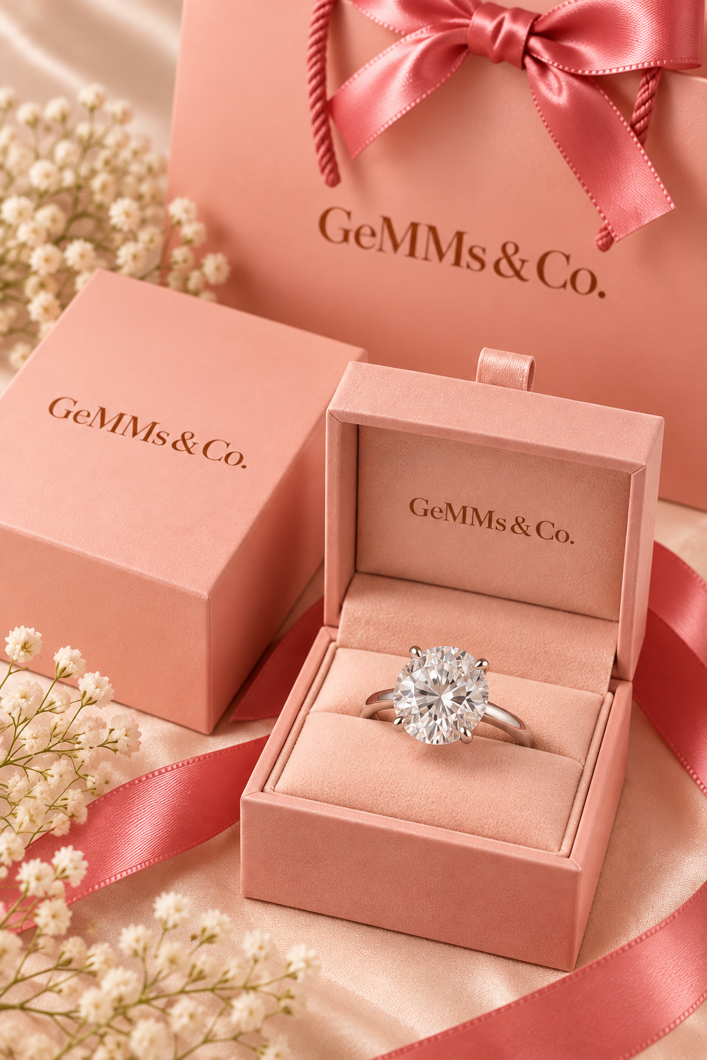 18ct White Gold 5.00ct Round Brilliant Lab Grown Diamond Solitaire Ring - GeMMs & Co coral blush packaging