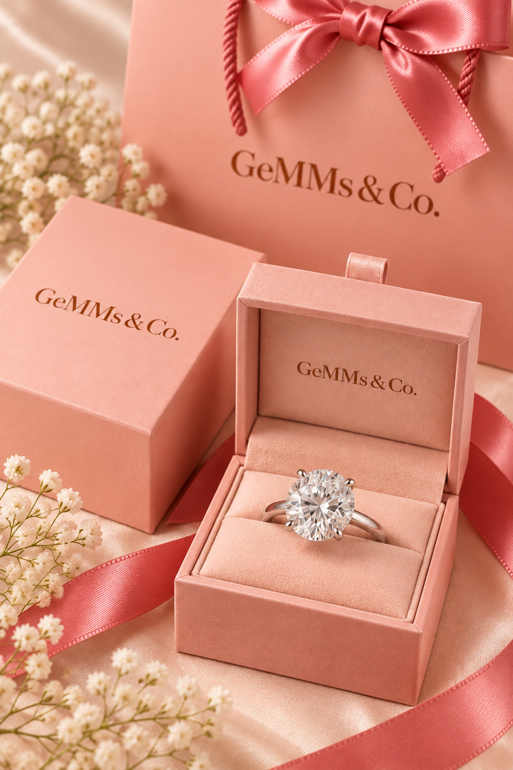 18ct White Gold 5.00ct Round Brilliant Lab Grown Diamond Solitaire Ring - GeMMs & Co coral blush packaging