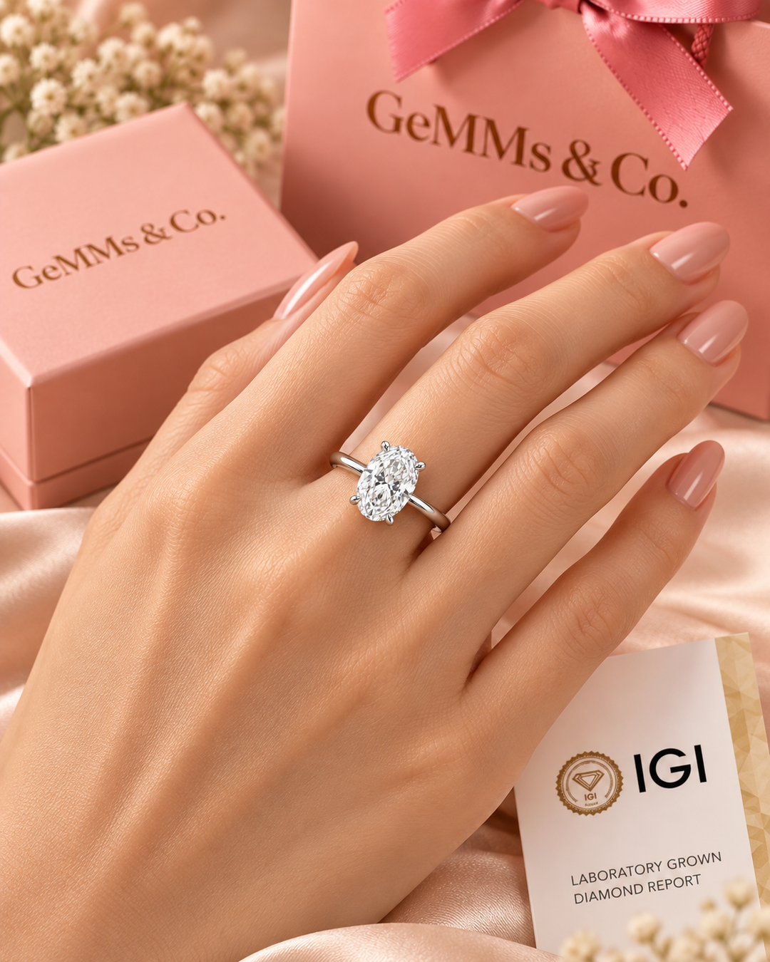 18ct White Gold 1.00ct Oval Cut Lab Grown Diamond Ring - model hand image