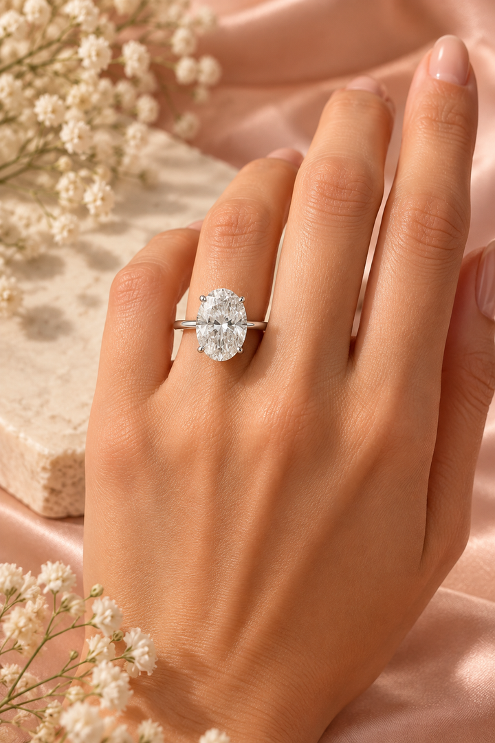 18ct White Gold 3.00ct Oval Cut Lab Grown Diamond Ring - model hand image