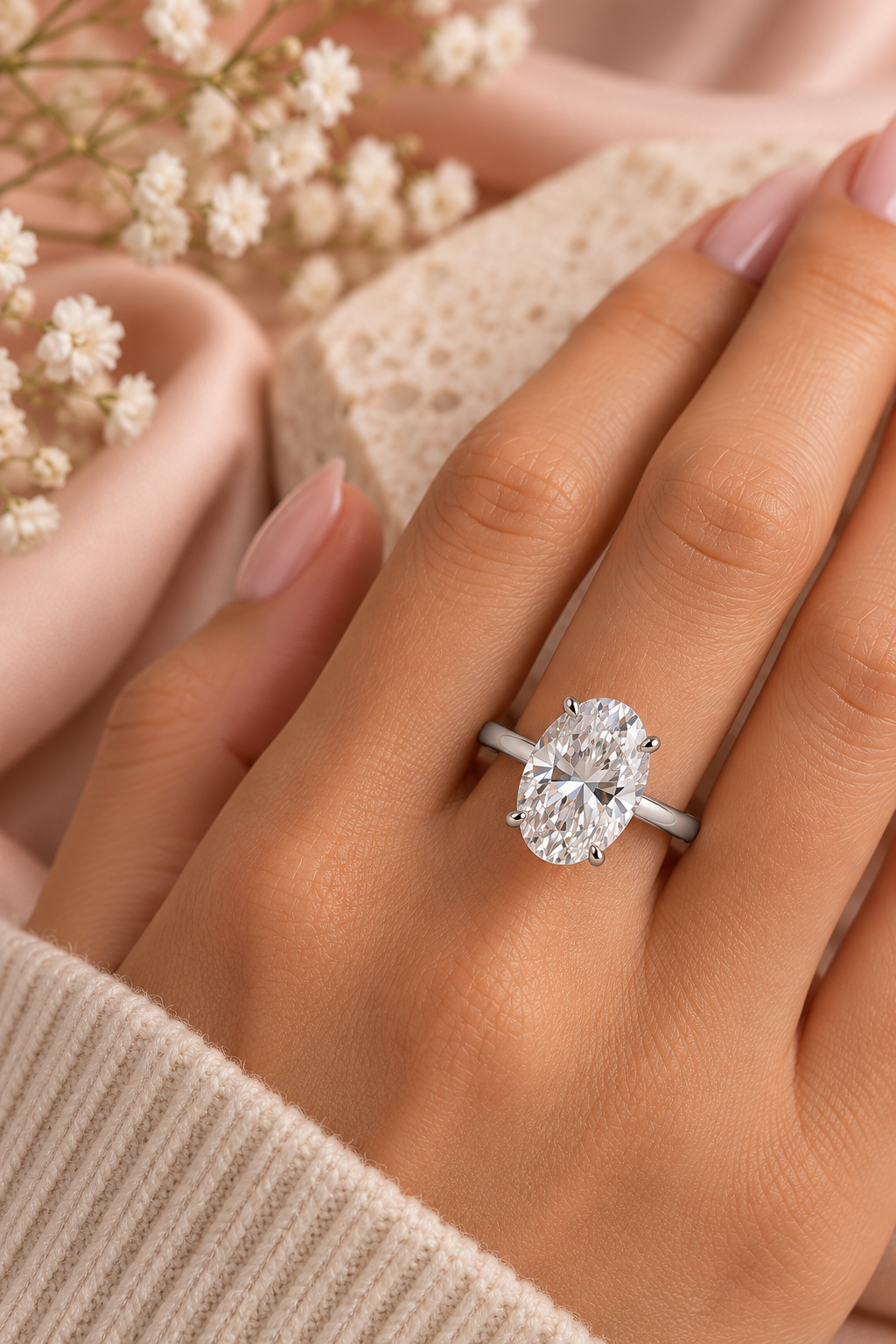 18ct White Gold 4.00ct Oval Cut Lab Grown Diamond Ring - model hand image