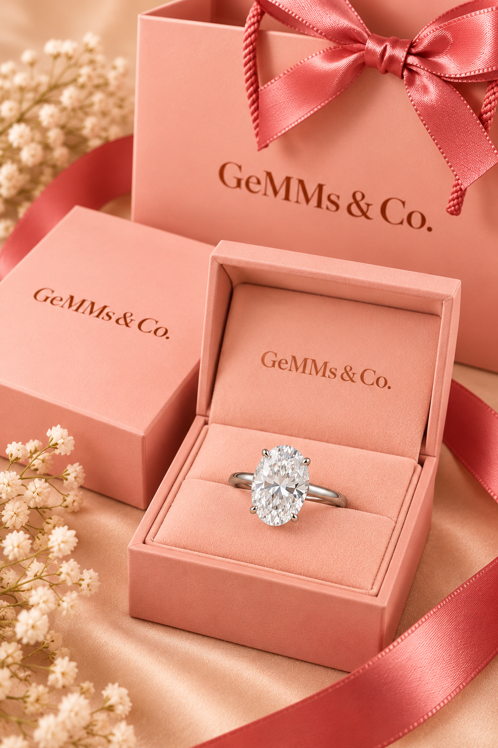 18ct White Gold 4.00ct Oval Cut Lab Grown Diamond Ring - GeMMs & Co coral blush packaging