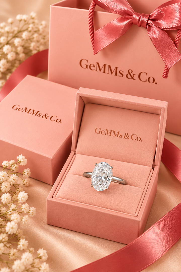 18ct White Gold 4.00ct Oval Cut Lab Grown Diamond Ring - GeMMs & Co coral blush packaging