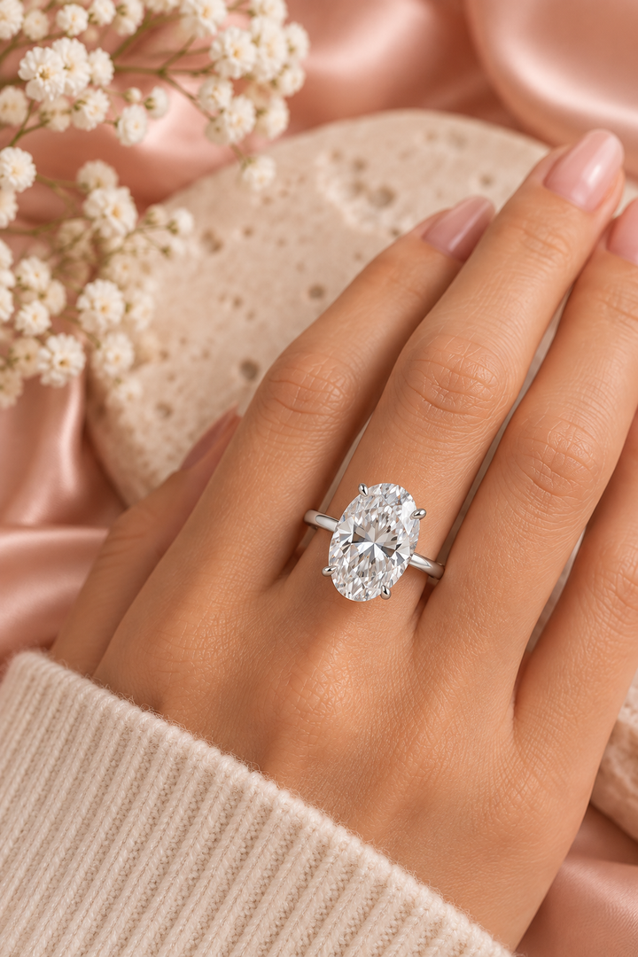 18ct White Gold 5.00ct Oval Cut Lab Grown Diamond Ring - model hand image