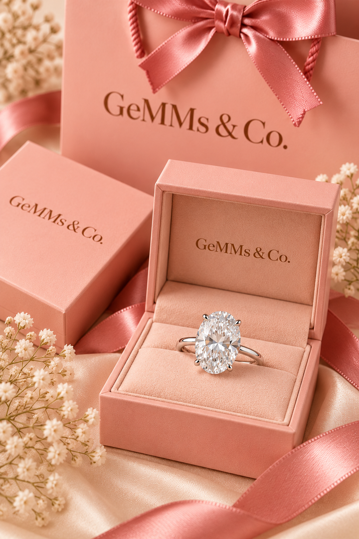 18ct White Gold 5.00ct Oval Cut Lab Grown Diamond Ring - GeMMs & Co coral blush packaging