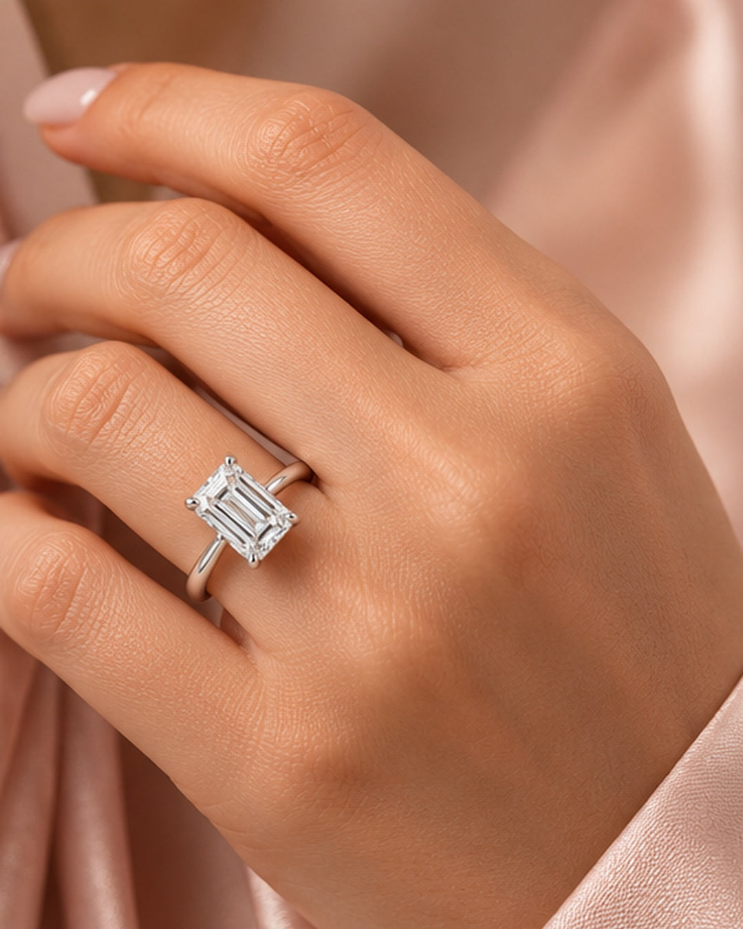 18ct White Gold 2.00ct Emerald Cut Lab Grown Diamond Ring - model hand image