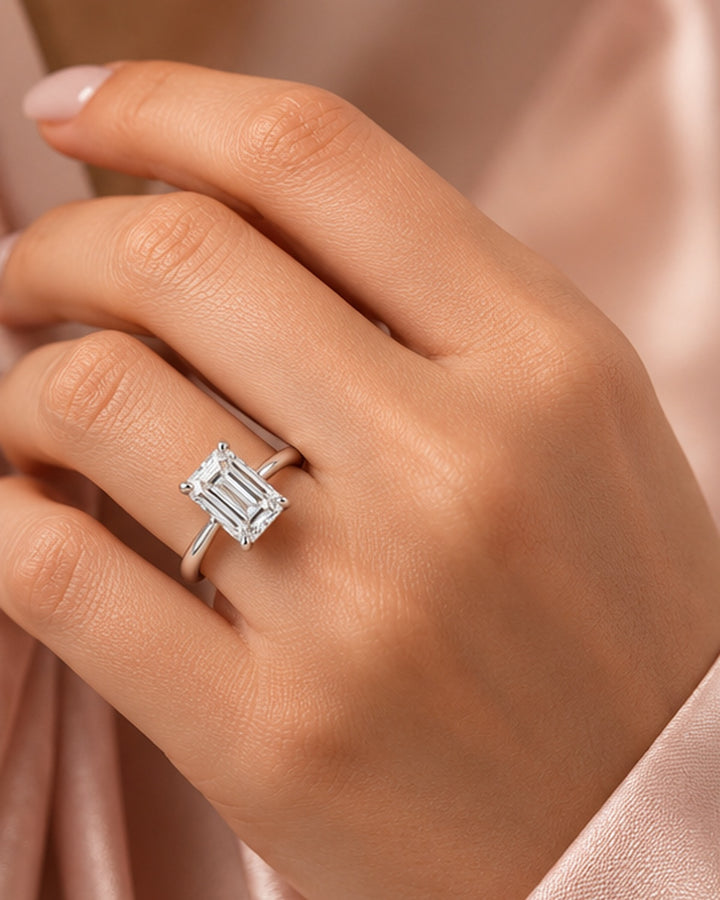 18ct White Gold 2.00ct Emerald Cut Lab Grown Diamond Ring - model hand image