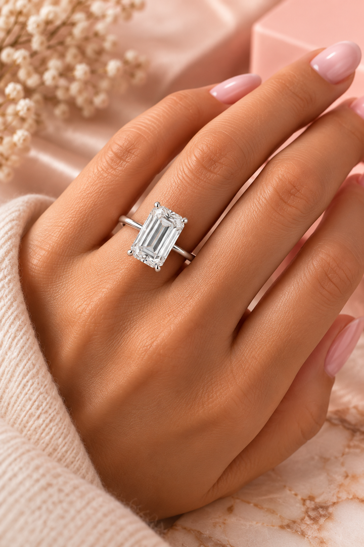 18ct White Gold 3.00ct Emerald Cut Lab Grown Diamond Ring - model hand image