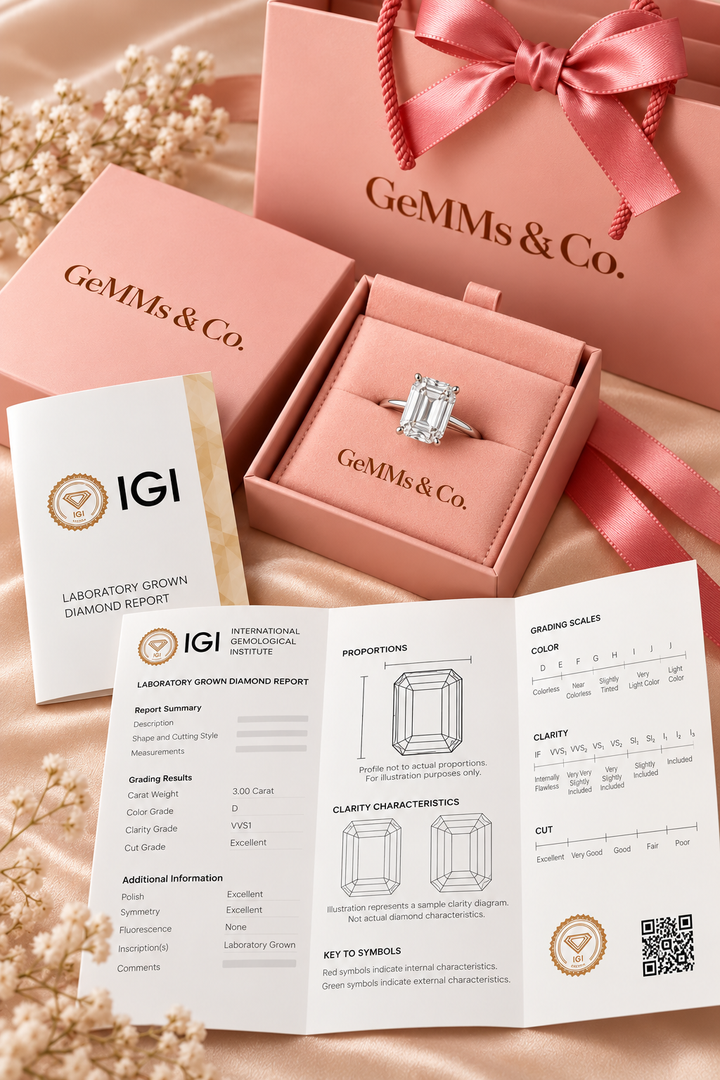 18ct White Gold 3.00ct Emerald Cut Lab Grown Diamond Ring - IGI certificate with GeMMs & Co packaging