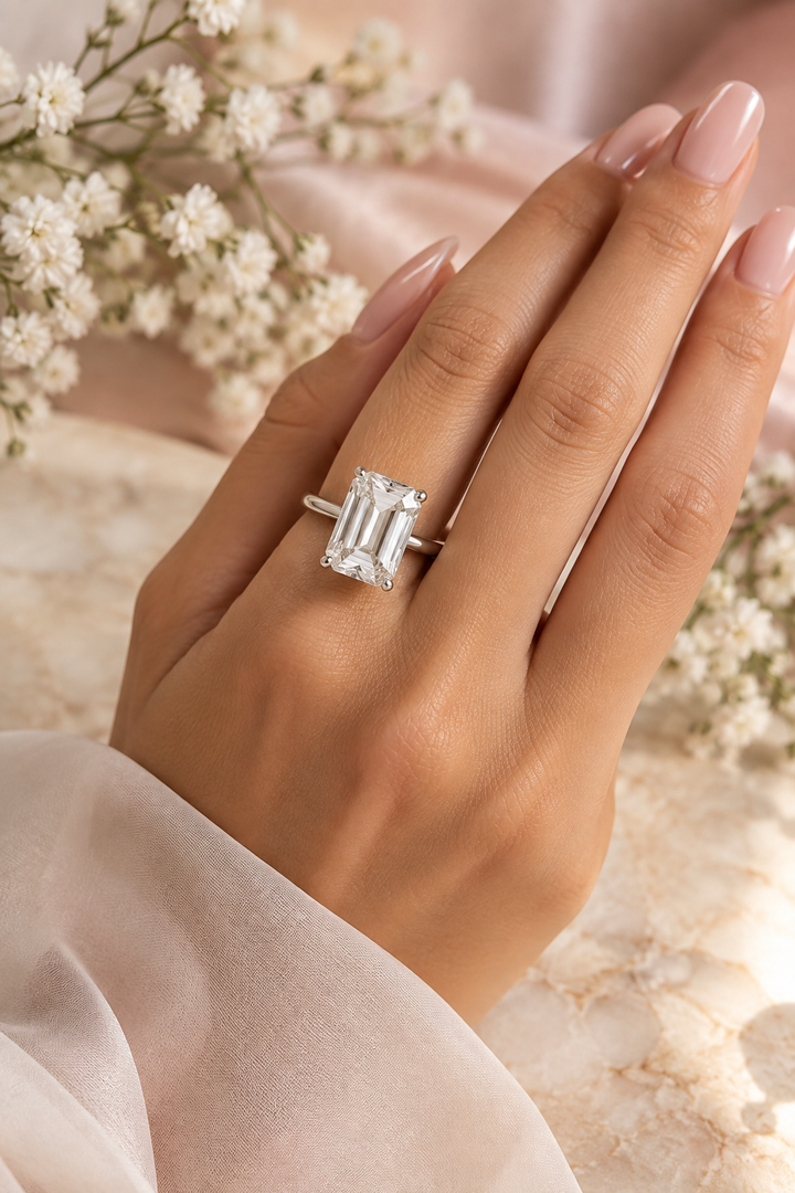 18ct White Gold 4.00ct Emerald Cut Lab Grown Diamond Ring - model hand image