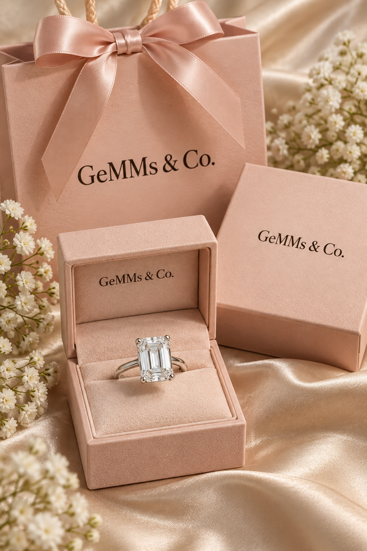 18ct White Gold 4.00ct Emerald Cut Lab Grown Diamond Ring - GeMMs & Co original packaging