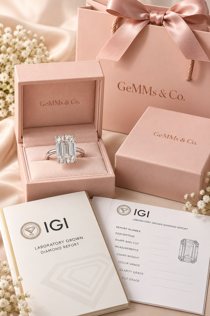 18ct White Gold 4.00ct Emerald Cut Lab Grown Diamond Ring - IGI certificate with GeMMs & Co packaging