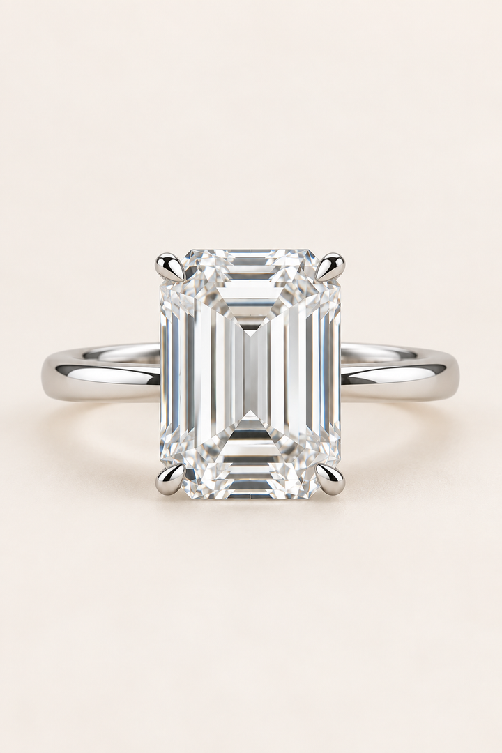 18ct White Gold 5.00ct Emerald Cut Lab Grown Diamond Ring - main cream image