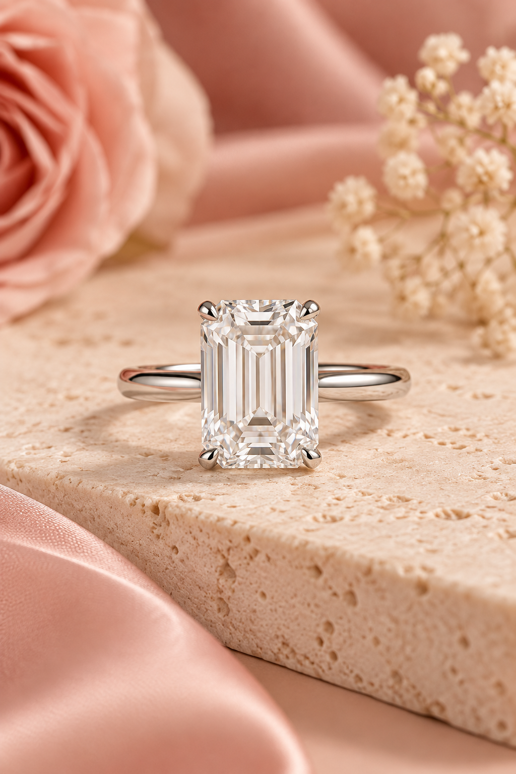 18ct White Gold 5.00ct Emerald Cut Lab Grown Diamond Ring - styled image