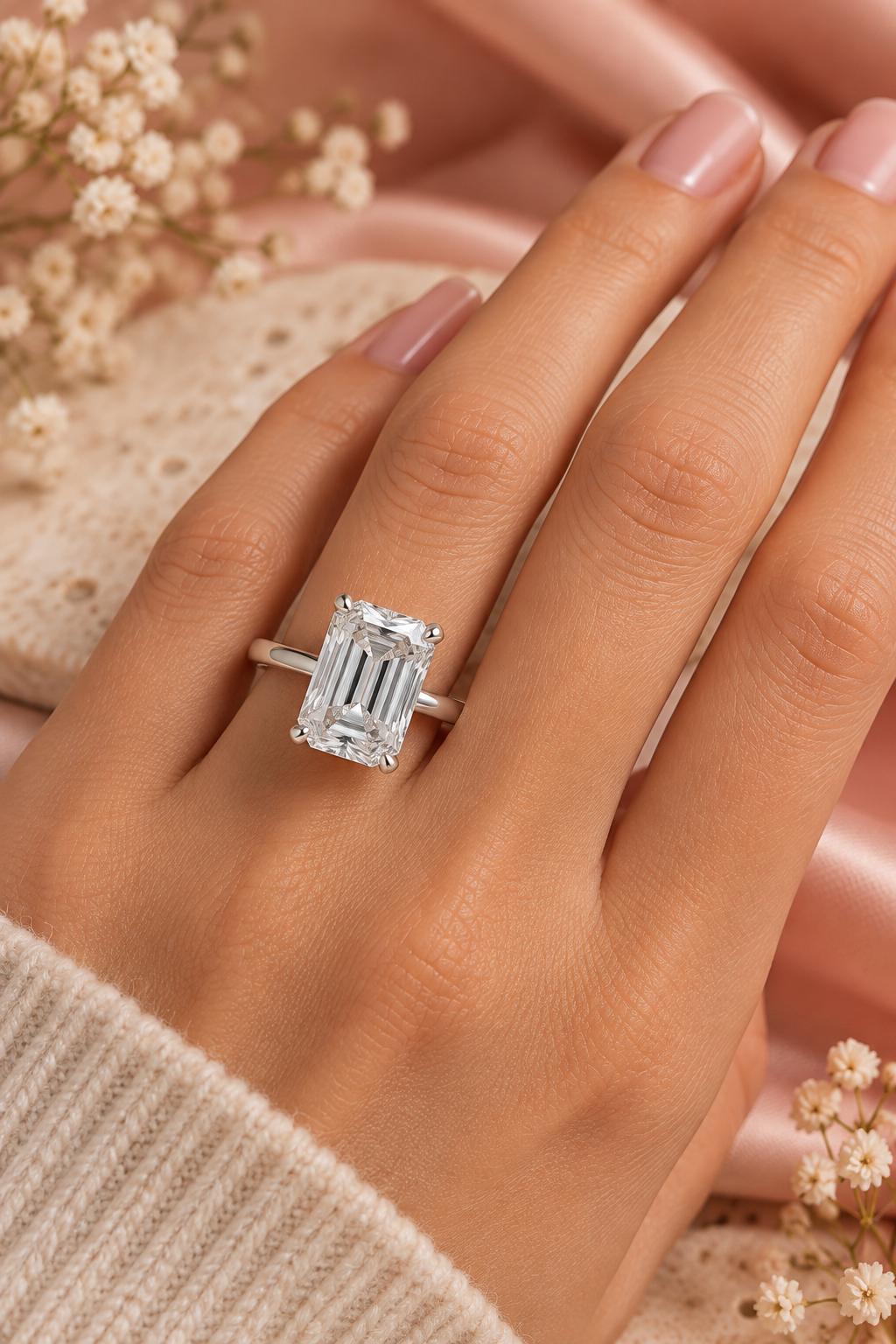 18ct White Gold 5.00ct Emerald Cut Lab Grown Diamond Ring - model hand image