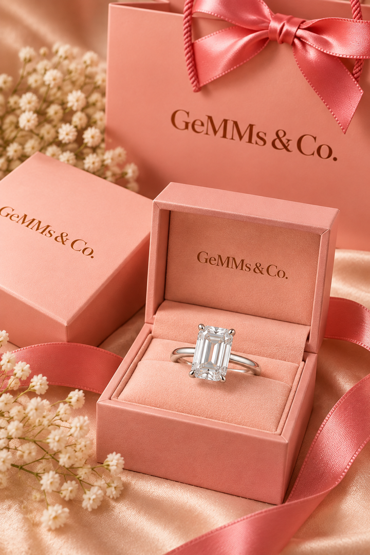 18ct White Gold 5.00ct Emerald Cut Lab Grown Diamond Ring - GeMMs & Co coral blush packaging