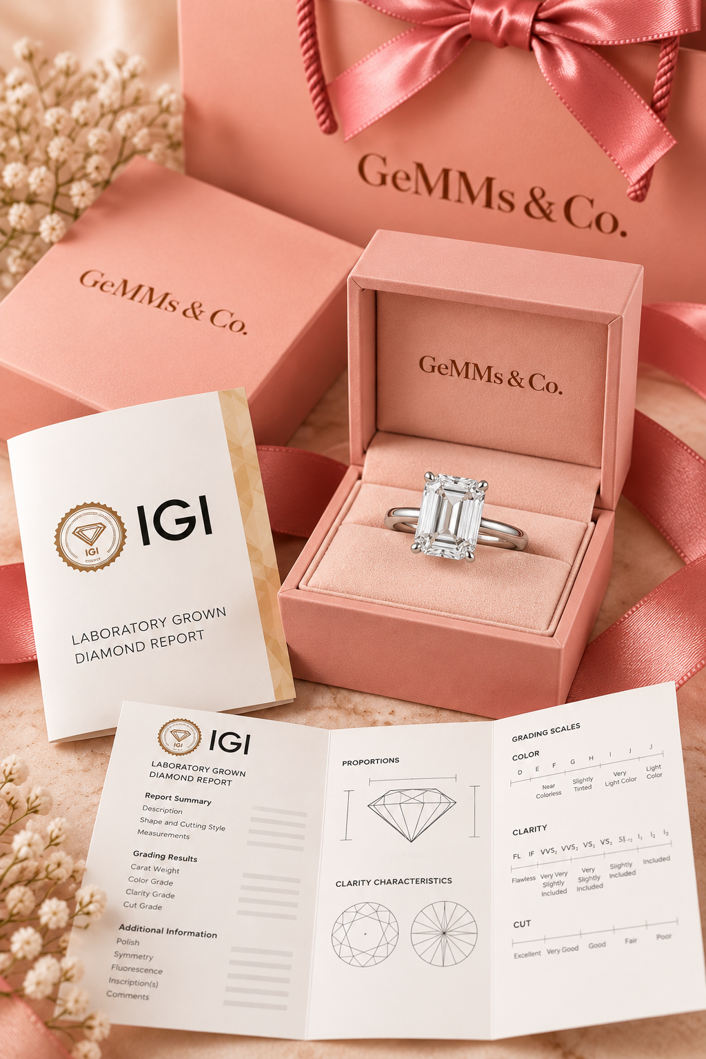 18ct White Gold 5.00ct Emerald Cut Lab Grown Diamond Ring - IGI certificate with GeMMs & Co packaging