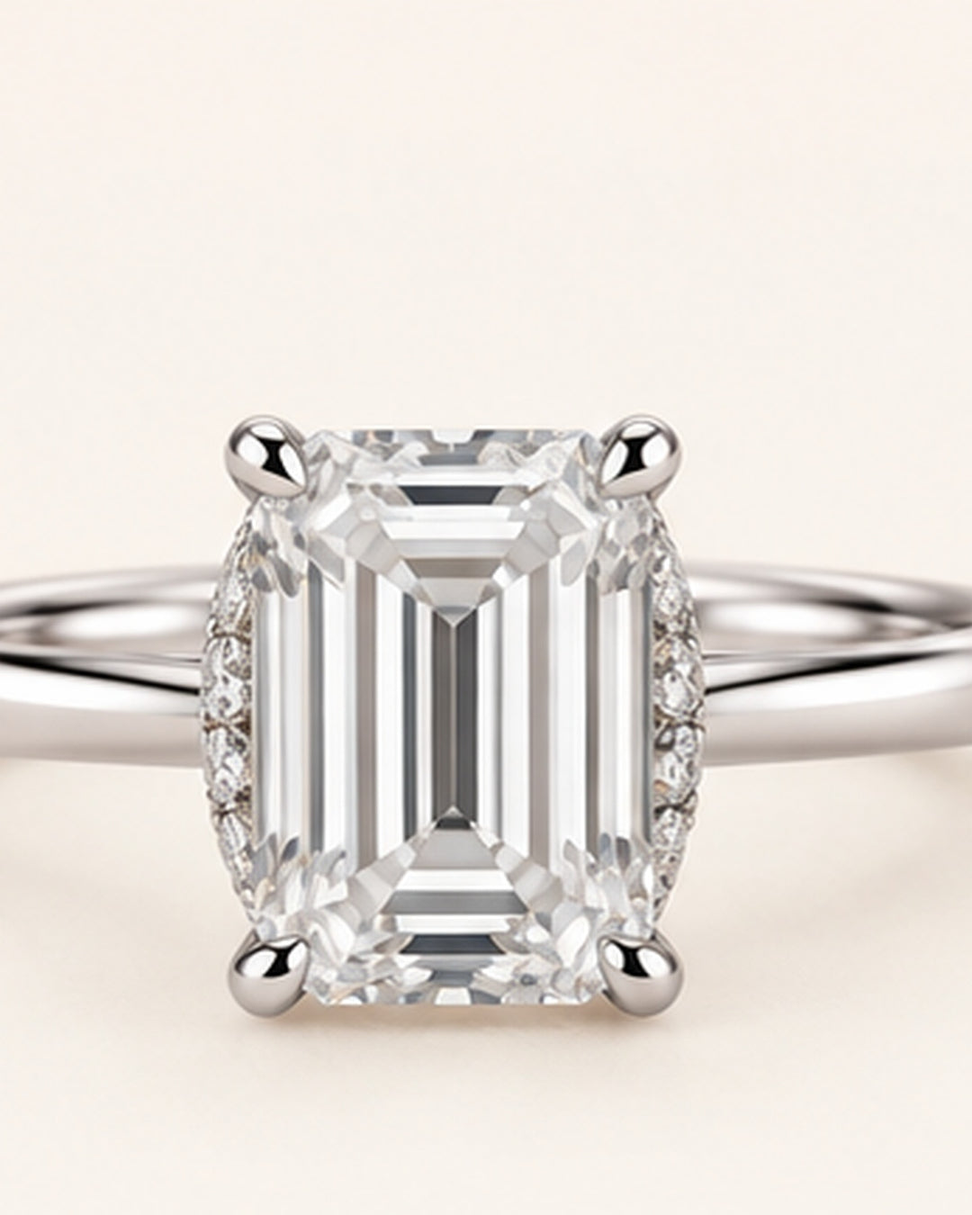 18ct White Gold 1.23ct Emerald Cut Lab Grown Hidden Halo Diamond Ring - main cream image