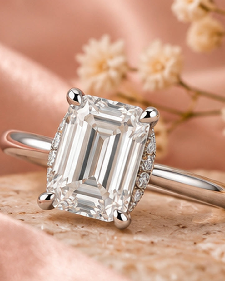 18ct White Gold 1.23ct Emerald Cut Lab Grown Hidden Halo Diamond Ring - styled image