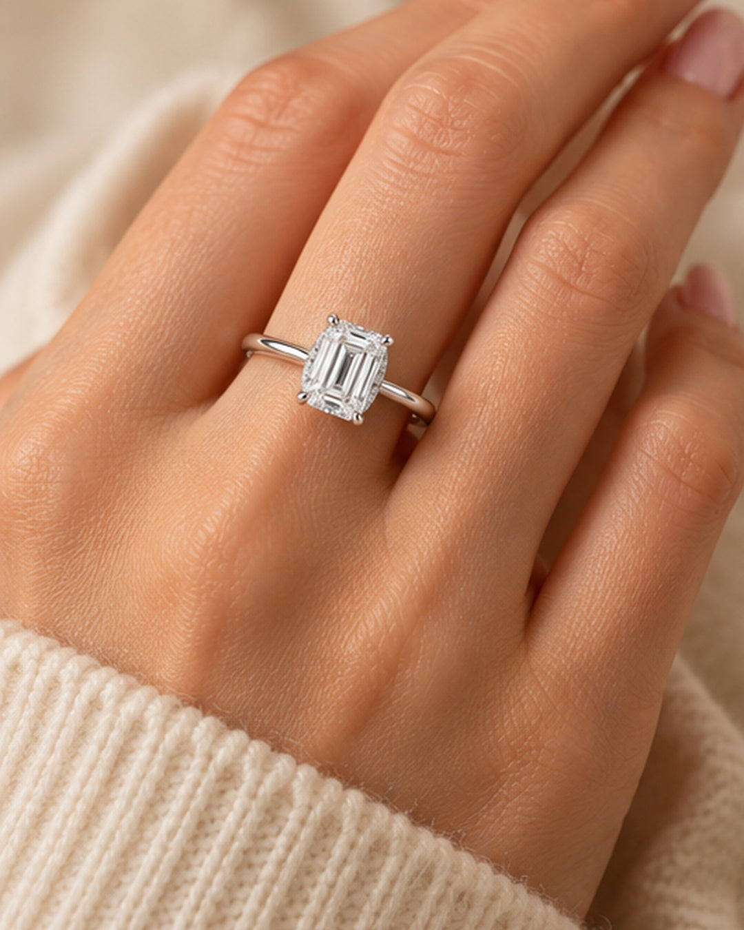 18ct White Gold 1.23ct Emerald Cut Lab Grown Hidden Halo Diamond Ring - model hand image