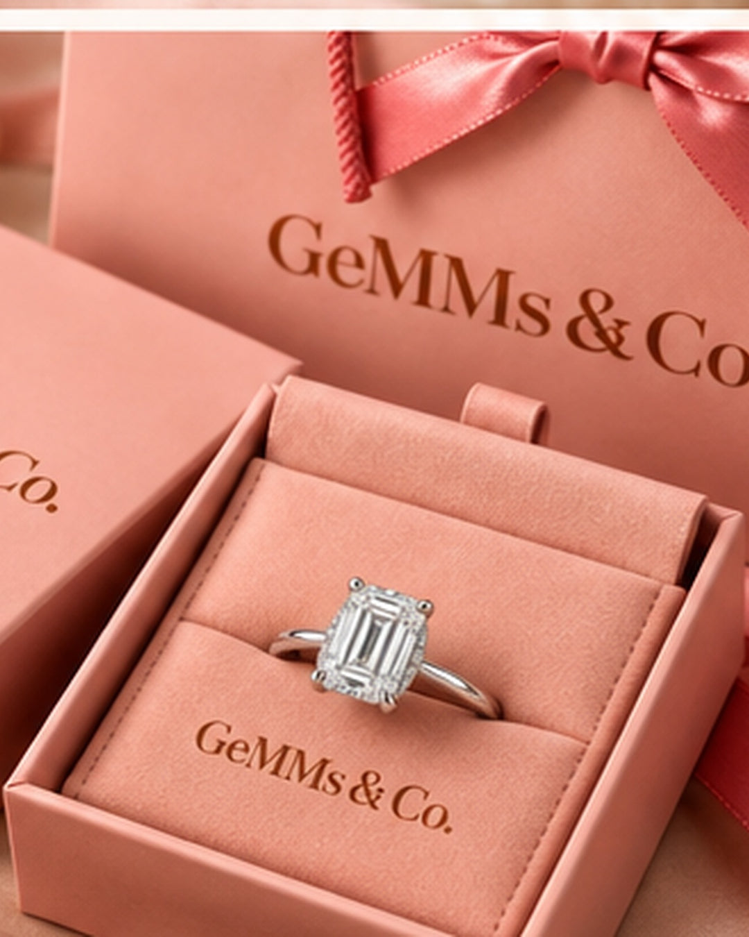 18ct White Gold 1.23ct Emerald Cut Lab Grown Hidden Halo Diamond Ring - GeMMs & Co original packaging