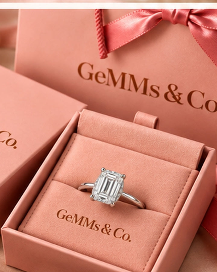 18ct White Gold 1.23ct Emerald Cut Lab Grown Hidden Halo Diamond Ring - GeMMs & Co original packaging