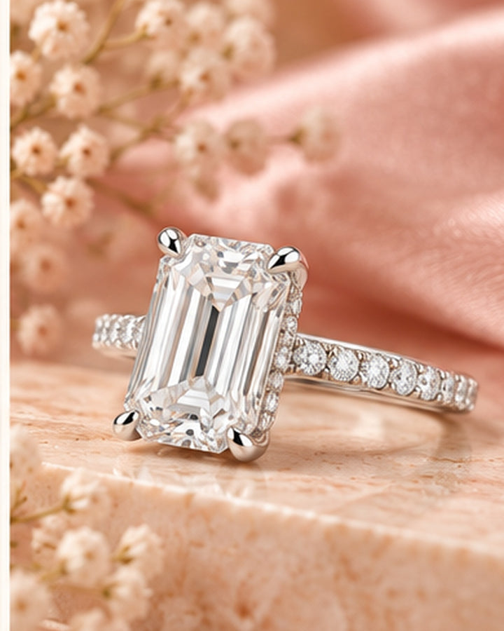 18ct White Gold 2.25ct Emerald Cut Hidden Halo Lab Grown Diamond Ring - styled image