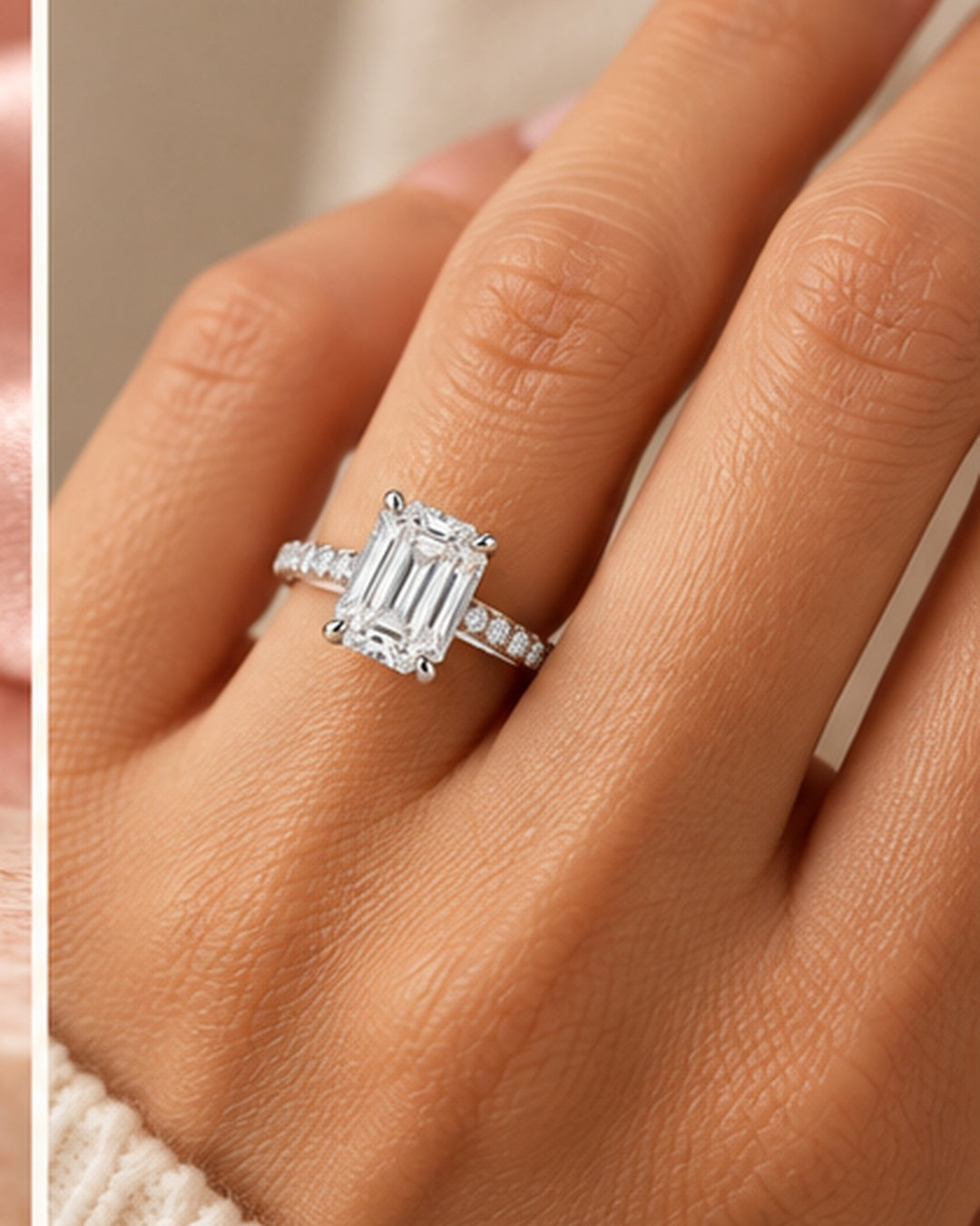 18ct White Gold 2.25ct Emerald Cut Hidden Halo Lab Grown Diamond Ring - model hand image