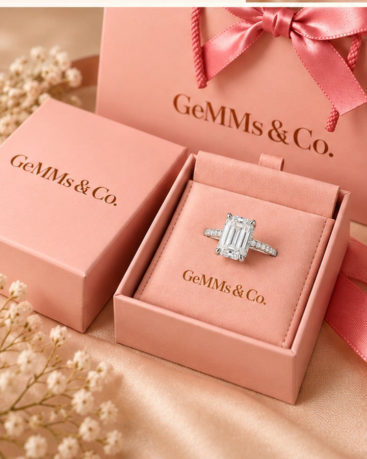 18ct White Gold 2.25ct Emerald Cut Hidden Halo Lab Grown Diamond Ring - GeMMs & Co original packaging