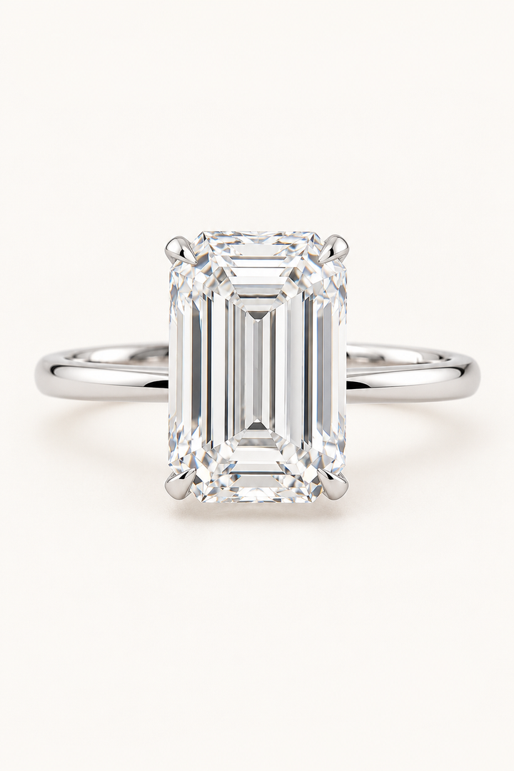18ct White Gold 3.30ct Emerald Cut Hidden Halo Lab Grown Diamond Ring - main cream image